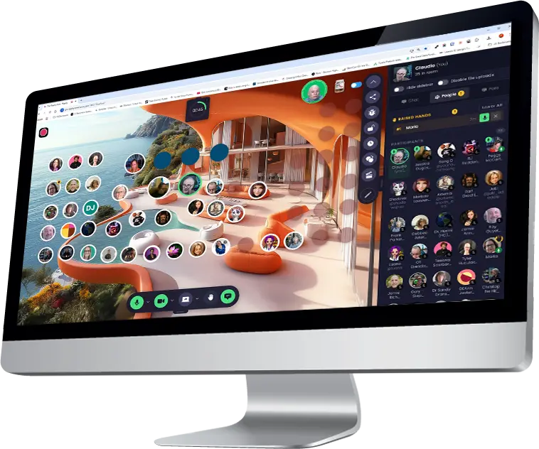 Rippily running on a monitor showing a coastal lounge space filled with real participants