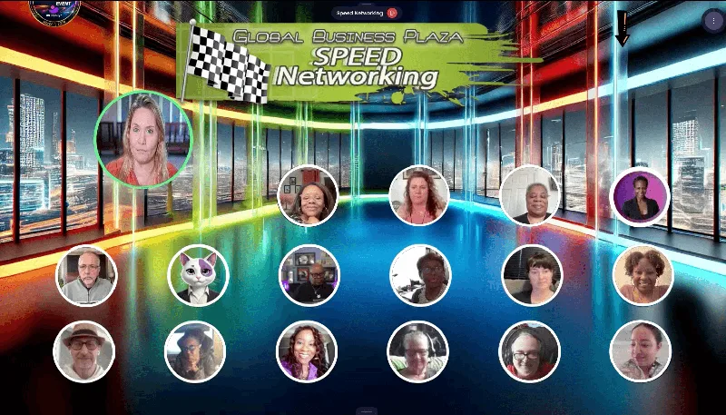 A vibrant speed networking event with real participants in a neon-lit space